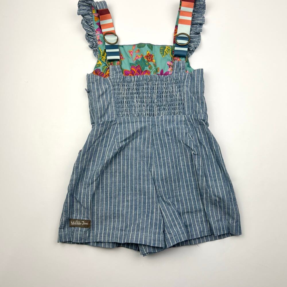 Matilda Jane Blue Stripe Ruffle Romper with Multicolor Buttons - Picture 6 of 8